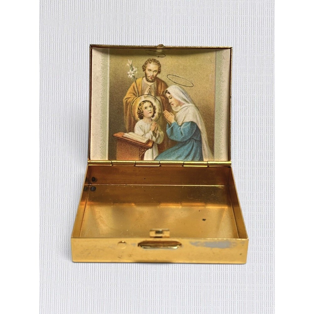 VTG Rosary Case Gold Tone Metal Virgin Mary Trinket Box Mini Container Catholic